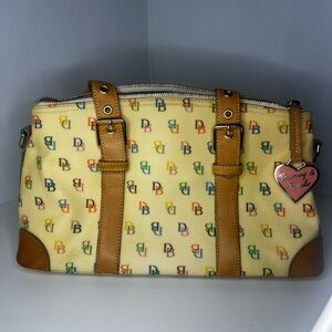 Dooney & Bourke Multicolor Monogram Canvas Satchel Bag Tan Leather Trim Y2K